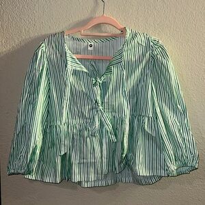 Stripes green front-tie (three bows) shirt | lantern sleeves